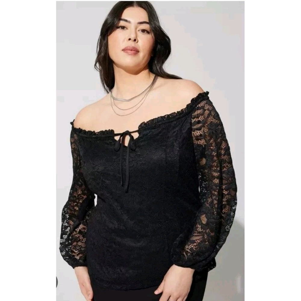 Torrid Stretch Lace Off The Shoulder Corset Seamed Long Sleeve Top Black Size 2‎